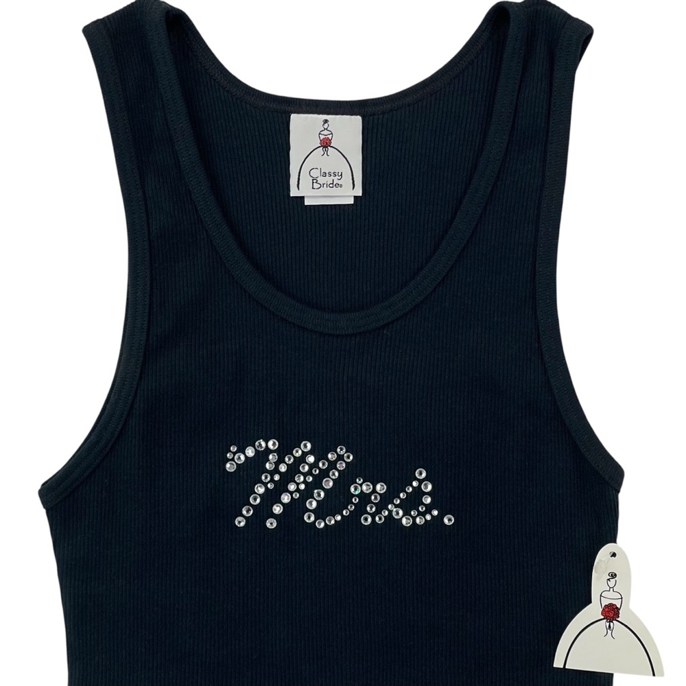Classy Bride “Mrs” Ribbed Tank Top Women’s Medium Black w/ Clear Rhinestones